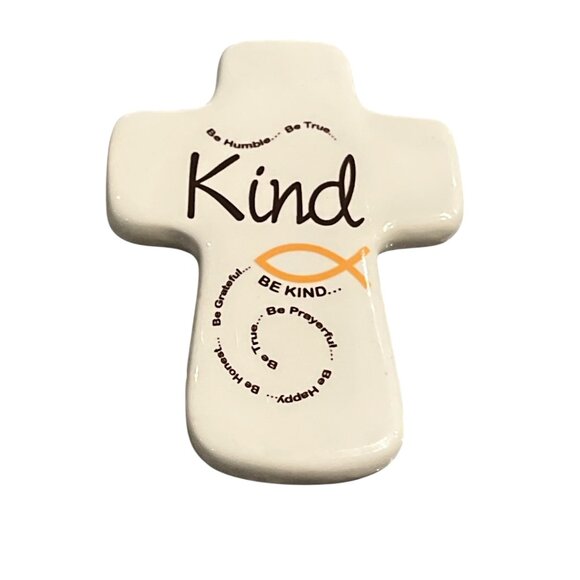 Small Ceramic Cross 'Kind" Wall Decor Jesus Fish Be Humble Be True Be Grateful - Picture 1 of 5